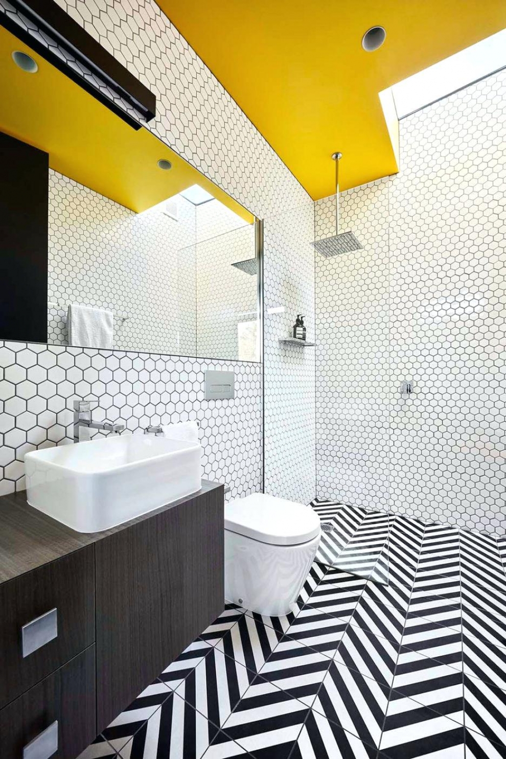 yellow ceiling bathroom